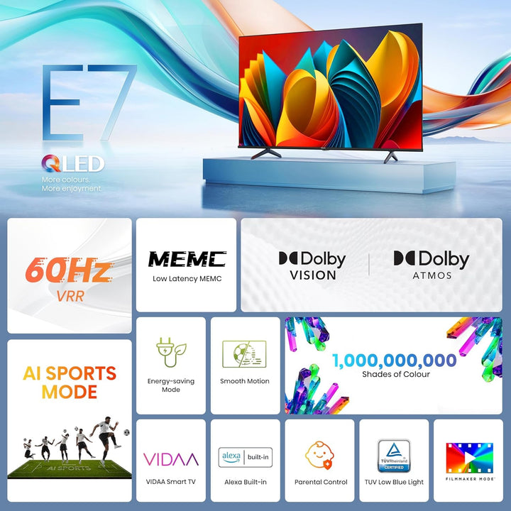 Hisense 50E7NQ 126 Cm (50 Zoll) Fernseher, 4K UHD, QLED, HDR10, HDR10+ Decoding, HLG, Dolby Vision Atmos, 60Hz Panel, Smooth Motion, Bluetooth, Alexa Built-In, VIDAA Voice, Schwarz [2024]