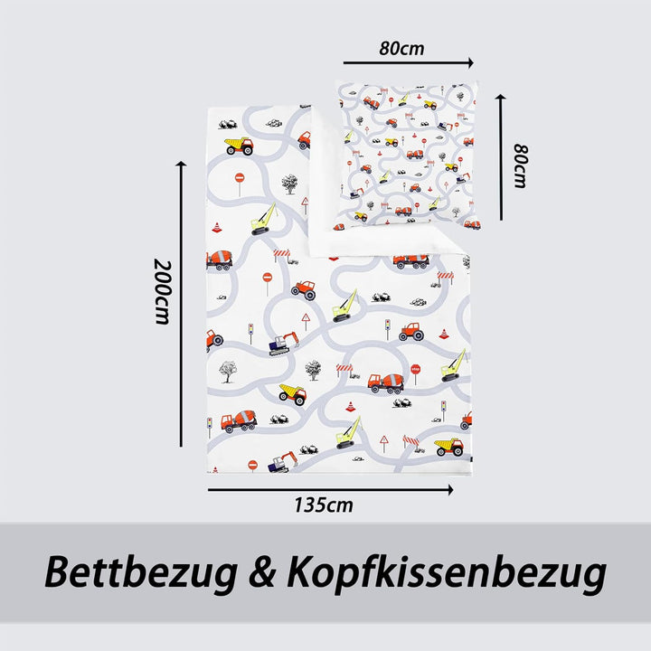 Autos Kinderbettwäsche 135X200 Jungen Traktor Mikrofaser Bettwäsche Mit Verkehrsschildern Und Straßen Für Jungen Teenager Bagger Bettwäsche 135X200Cm Mit Reißverschluss+1Kopfkissenbezug 80X80Cm