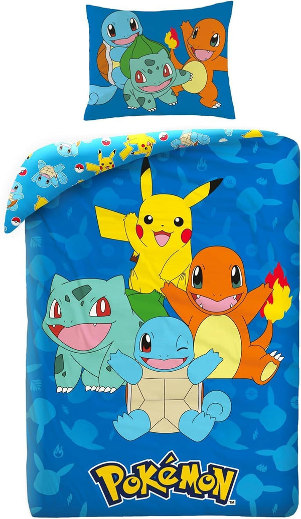 Pokemon Bettwäsche Set 135X200 + 80X80 · Pokémon Pikachu, Glumanda, Schiggy & Bisasam · Kinderbettwäsche Set 2-Teilig Bettbezug + Kissenbezug · Deutsche Größe · Microfaser