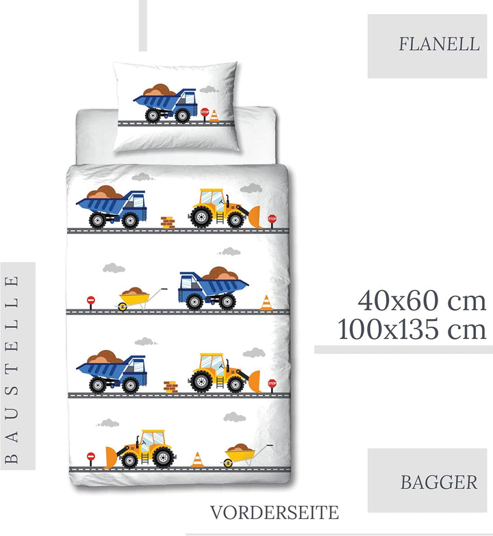 TRAUMHELDEN Babybettwäsche 135X100 Flanell/Biber - 1 Kissenbezug 40X60 + 1 Bettbezug 100X135 Cm - Hochwertige Jungen-Bettwäsche (Baumwolle Flanell/Biber, 100 X 135 + 40 X 60)