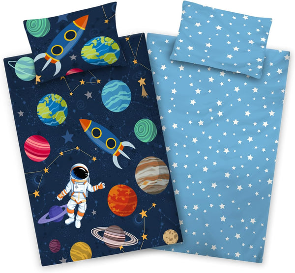 Aminata Kids Weltraum Bettwäsche Kinder 100X135 Cm 40X60 Cm - Kinderbettwäsche Weltall-Motiv - Jungen Rakete Baumwolle Reißverschluss Blau