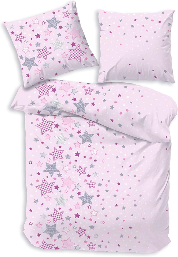 Bettwäsche 135X200 Sterne Kinder-Bettwäsche Rosa 80X80 + 135X200, 100% Baumwolle Biber, Reißverschluss, Kinderbettwäsche, Mädchenbettwäsche